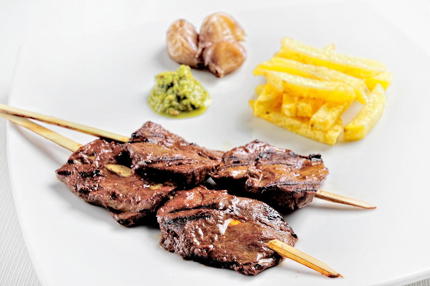 Anticuchos Peruvian cuisine, grilled skewered beef heart meat 2442661