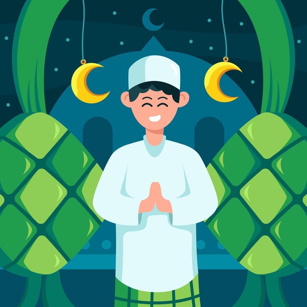 feliz eid mubarak con fondo ketupat vector