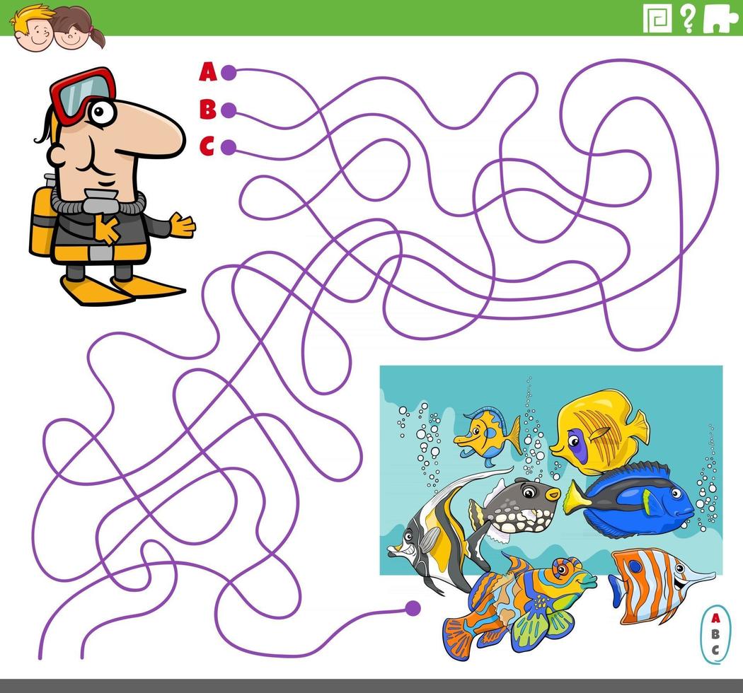 maze game with cartoon scuba diver and tropical fish vector