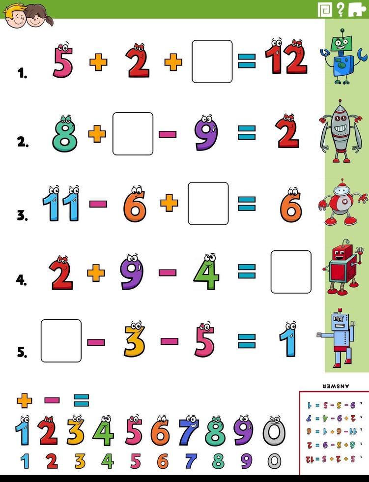 Página de hoja de cálculo de tareas educativas de cálculo matemático para niños vector