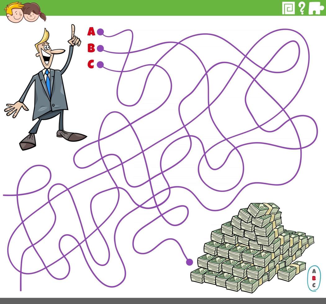 maze game with cartoon businessman and pile of money vector