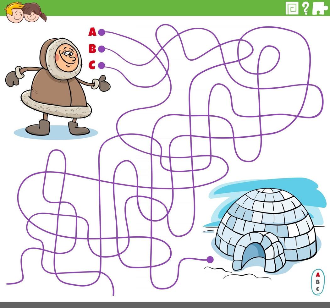 maze game with cartoon Eskimo character and igloo vector