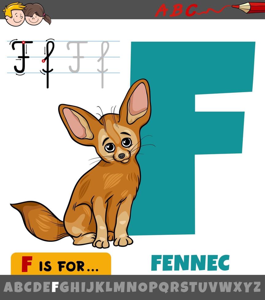 letter F from alphabet with cartoon fennec animal character vector