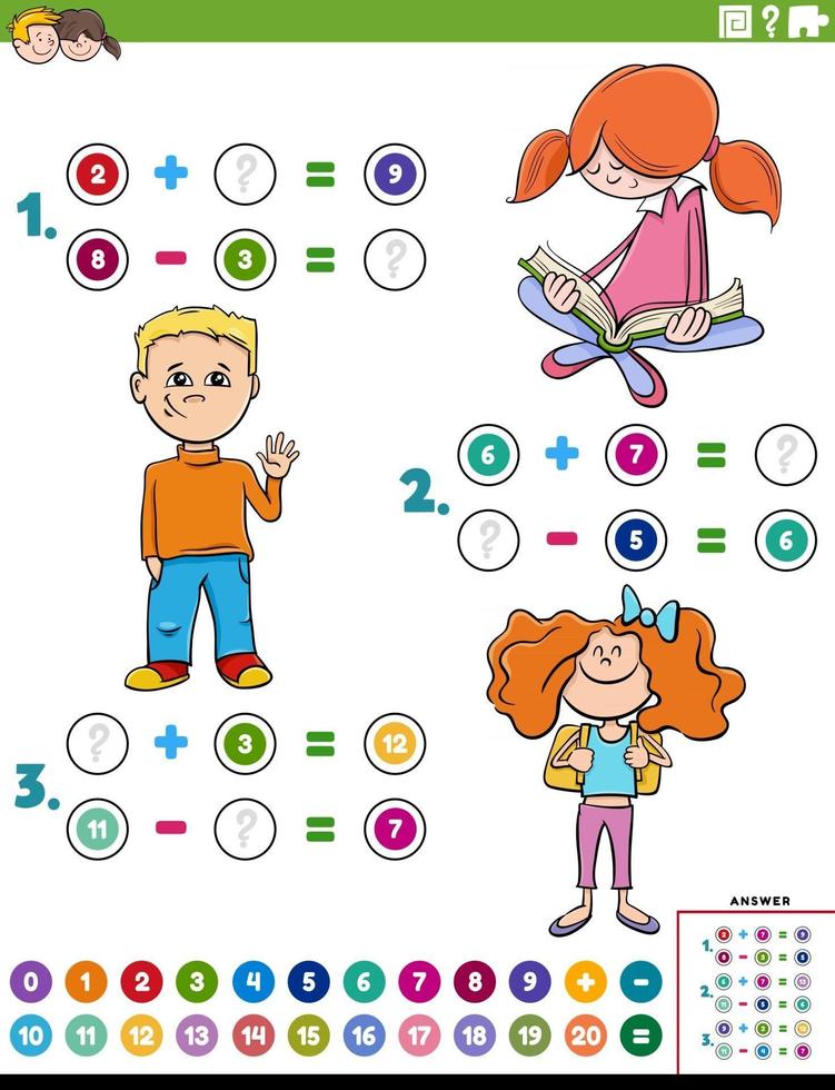 math addition and subtraction educational task with kids vector
