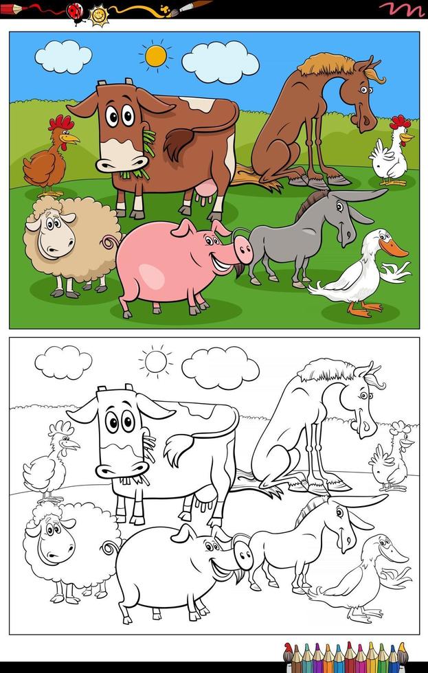 cartoon farm animals characters coloring book page vector