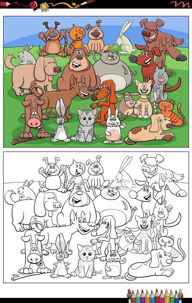 cartoon dogs and cats and rabbits characters coloring book page vector