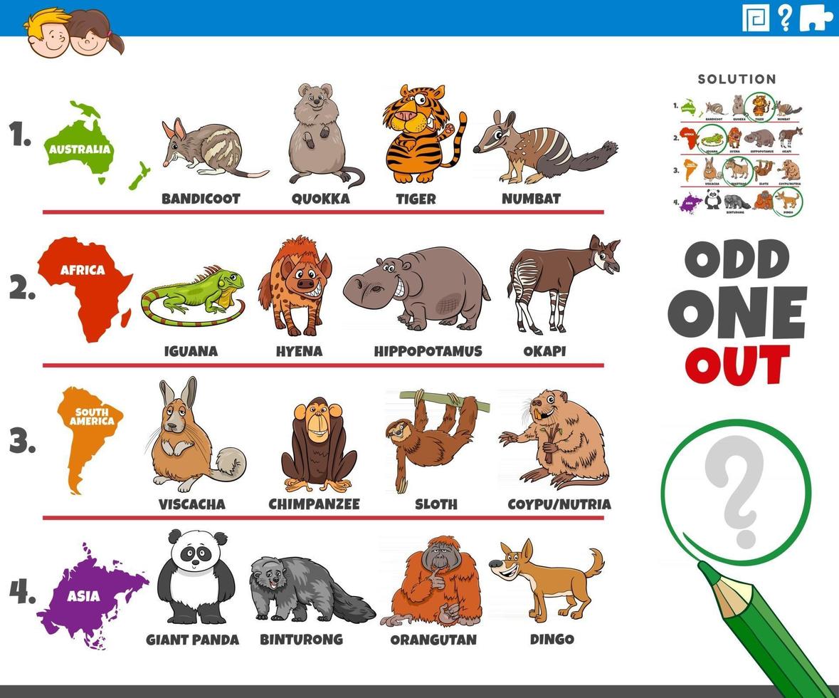 odd one out picture task with animal species and continents vector