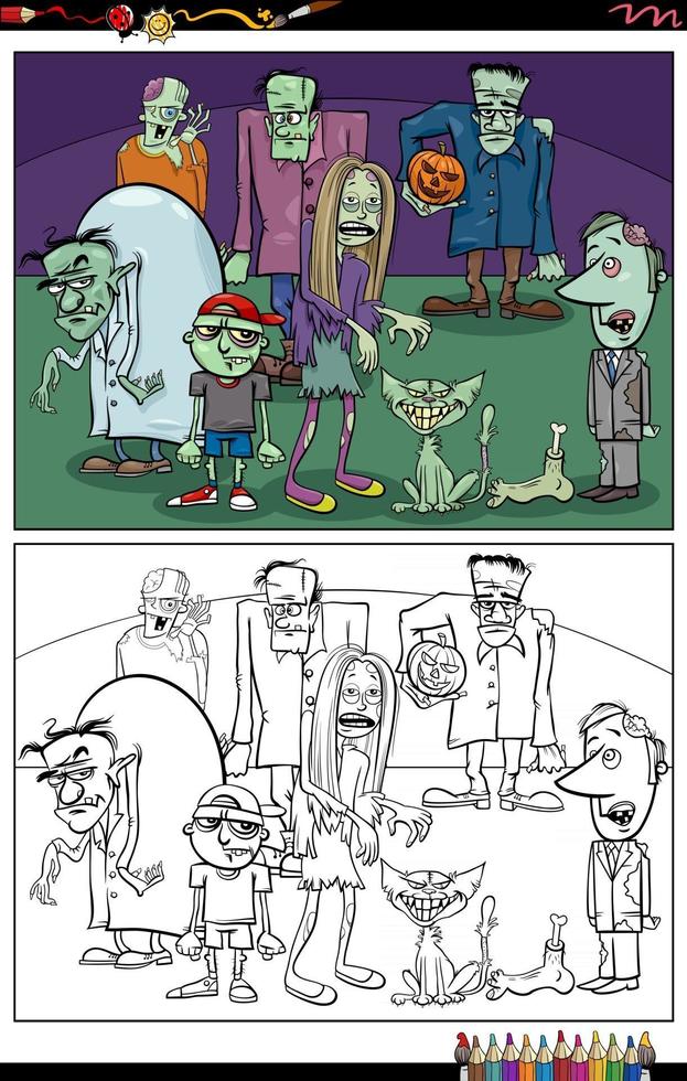 cartoon zombie characters group coloring book page vector