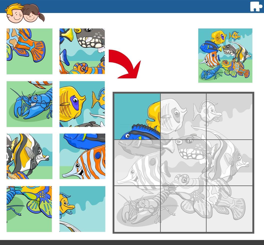 jigsaw puzzle game with tropical fish animal characters vector