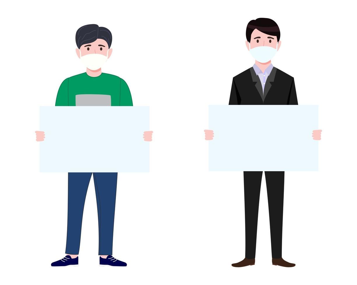 Cute young businessman characters team set wearing beautiful business outfit and facial fabric mask standing holding rectangle shape placard vector