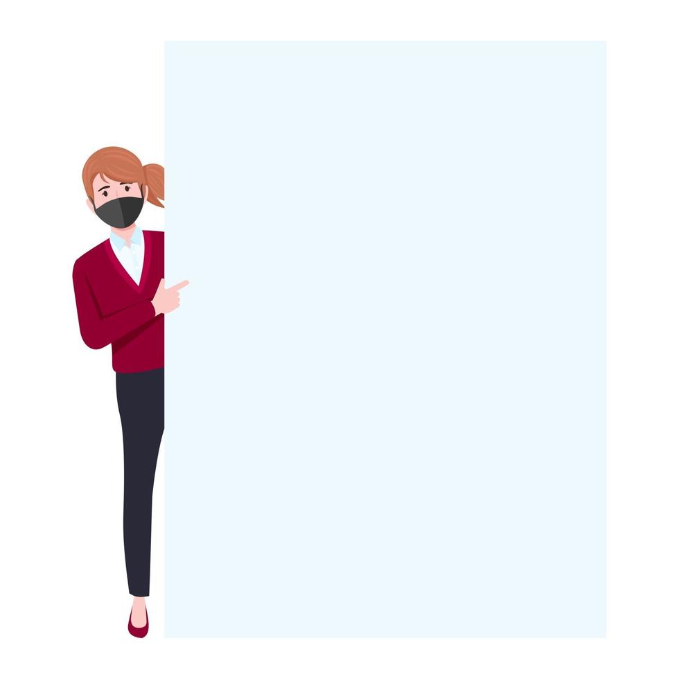 Cute young businesswoman character wearing beautiful business outfit and facial fabric mask standing standing behind placard isolated vector