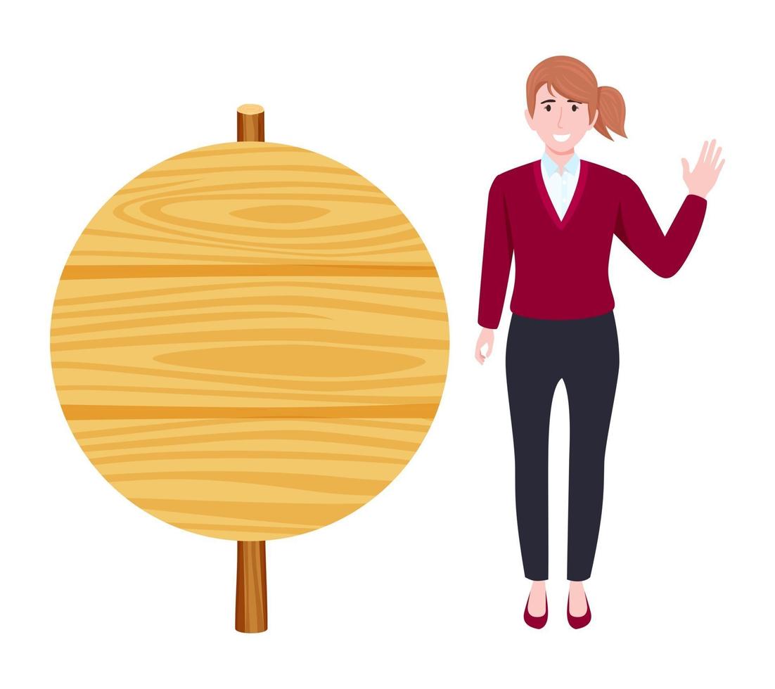 Cute young businesswoman character wearing beautiful business outfit standing with blank wooden presentation board and posing waving vector