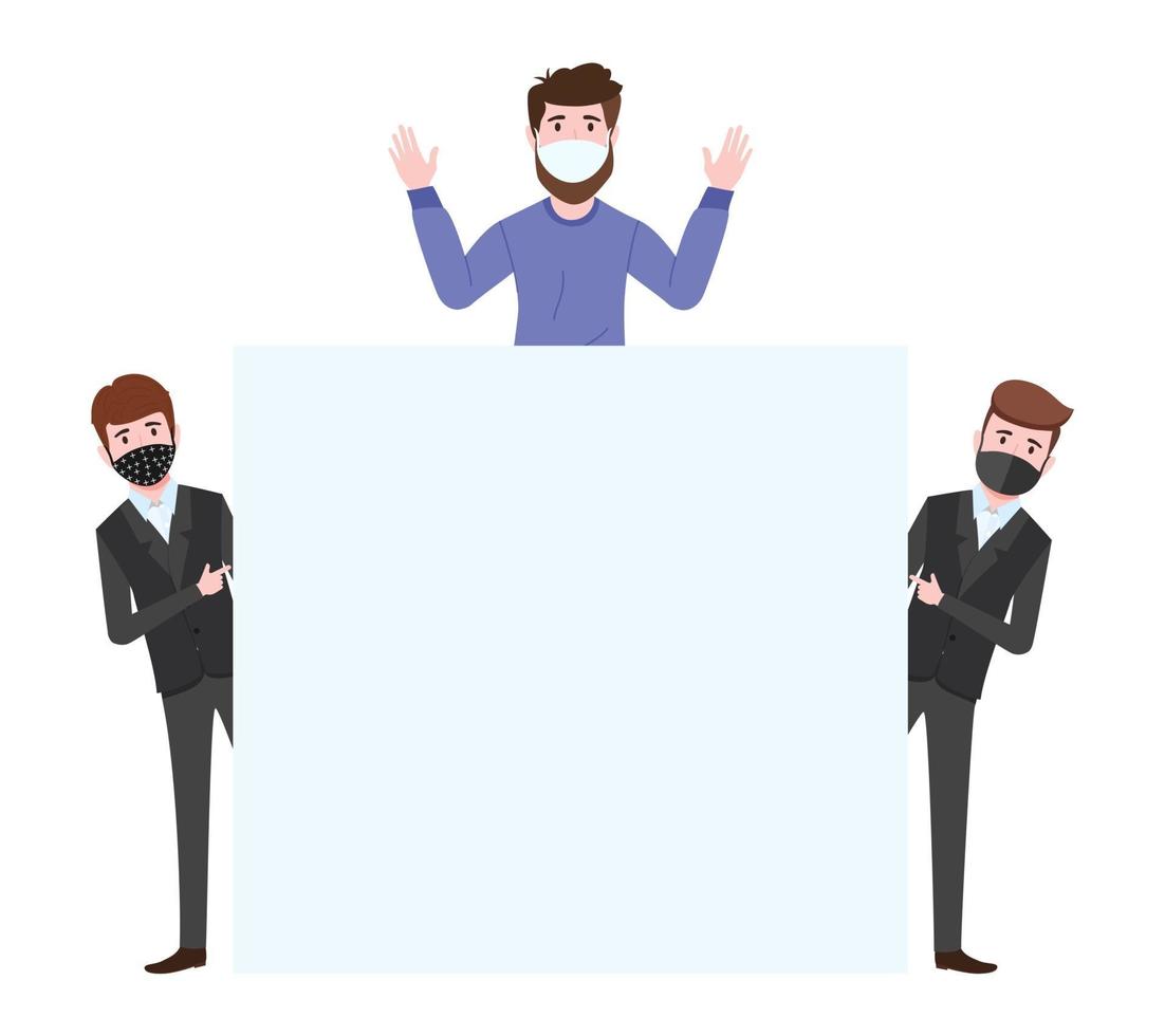 Cute young businessman characters wearing beautiful business outfit and facial fabric mask standing with placard and pointing to and waving isolated vector