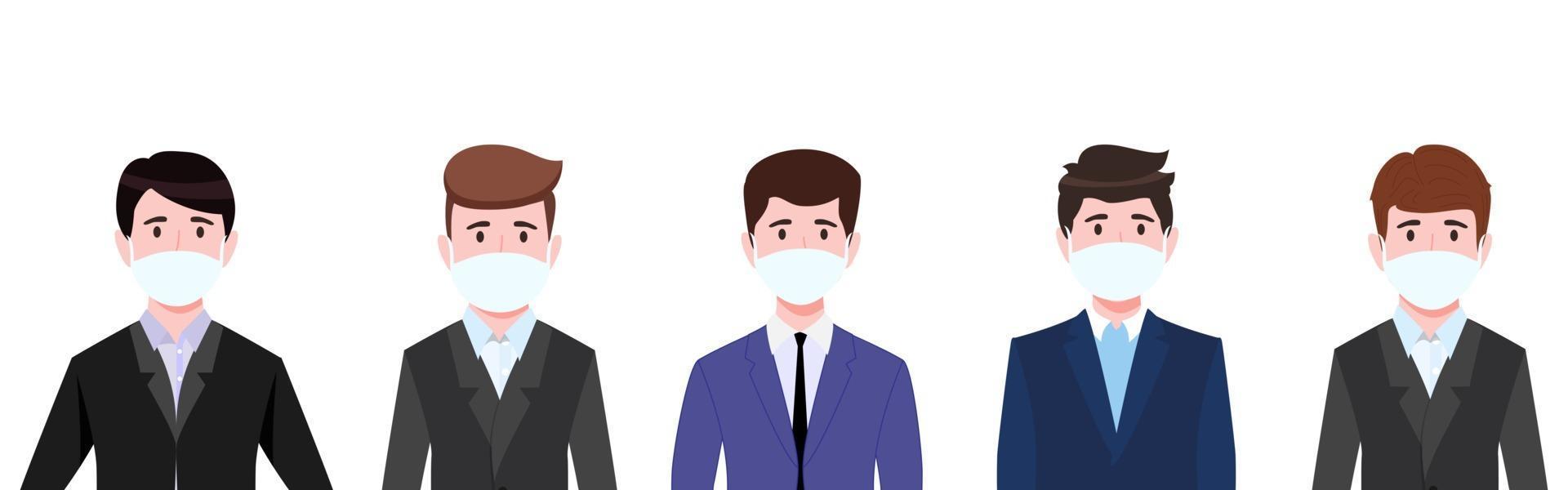 Cute young businessman characters team set wearing beautiful business outfit and facial fabric mask isolated vector