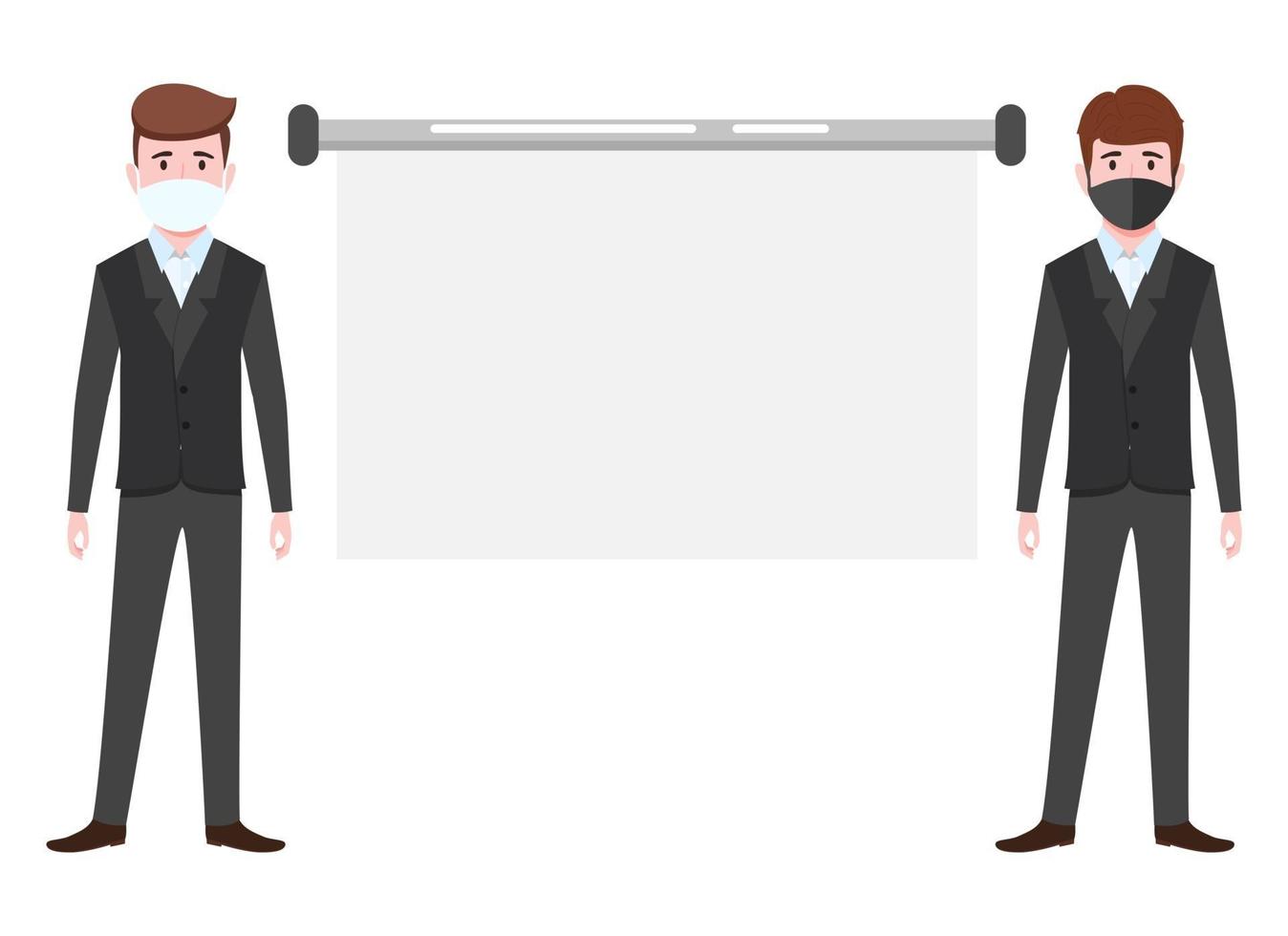 Cute young businessman characters wearing beautiful business outfit and facial fabric mask standing with blank presentation board and posing isolated vector