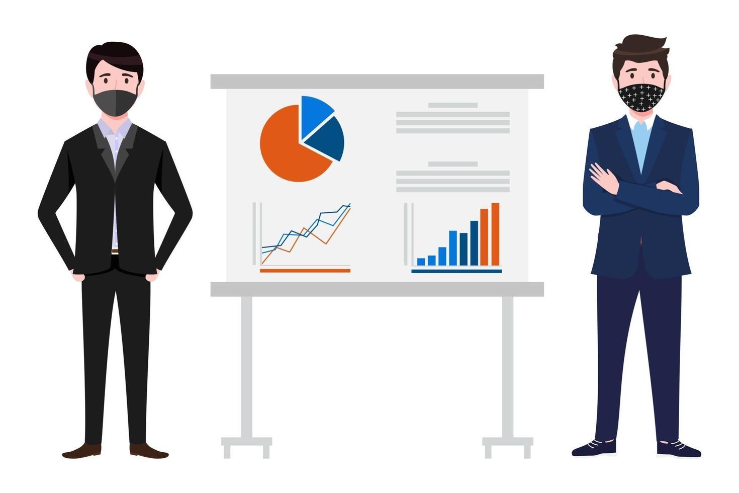 Cute young businessman characters wearing beautiful business outfit and facial fabric mask standing with sales presentation board and posing waving isolated vector