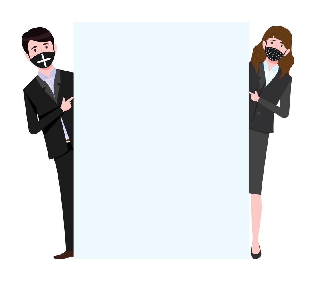 Cute young businessman character wearing beautiful business outfit and facial fabric mask standing behind placard and pointing to vector