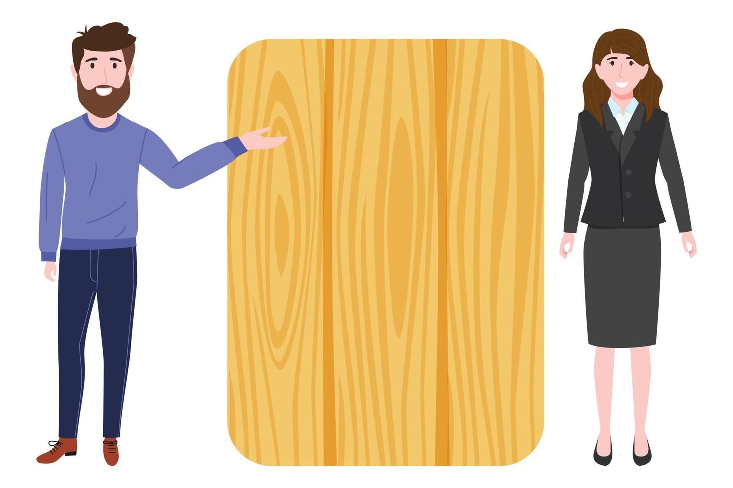 Cute young businessman and businesswoman characters wearing beautiful business outfit standing with blank wooden presentation board and posing pointing vector