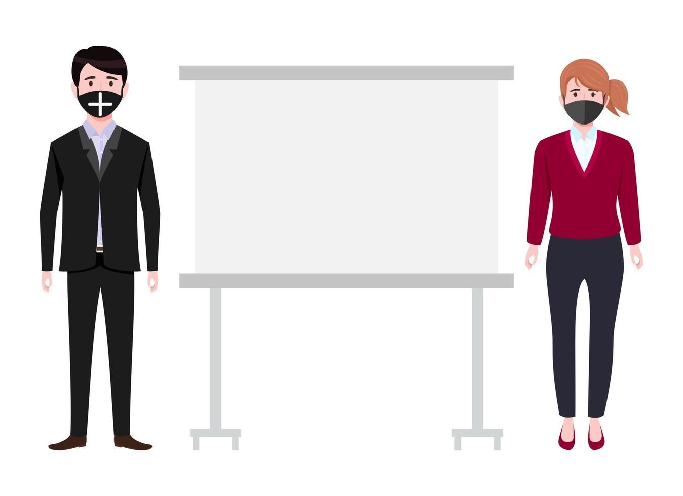 Cute young businessman and businesswoman character wearing beautiful business outfit and facial fabric mask standing with blank presentation board and posing isolated vector