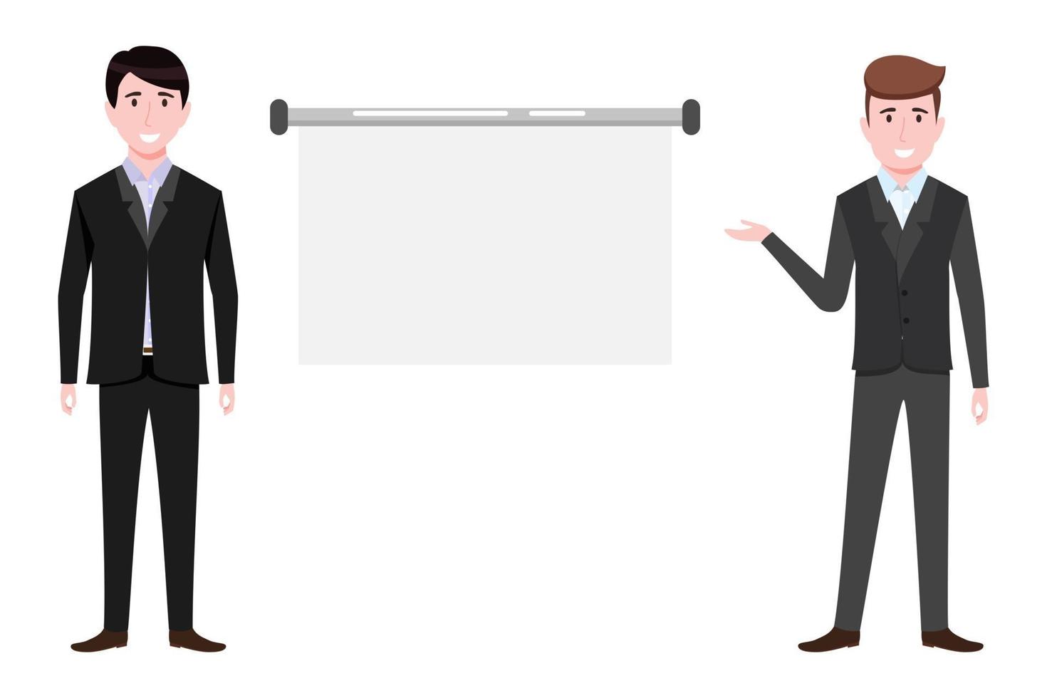 Cute young businessman characters wearing beautiful business outfit standing with blank presentation board and posing pointing with cheerful expression vector