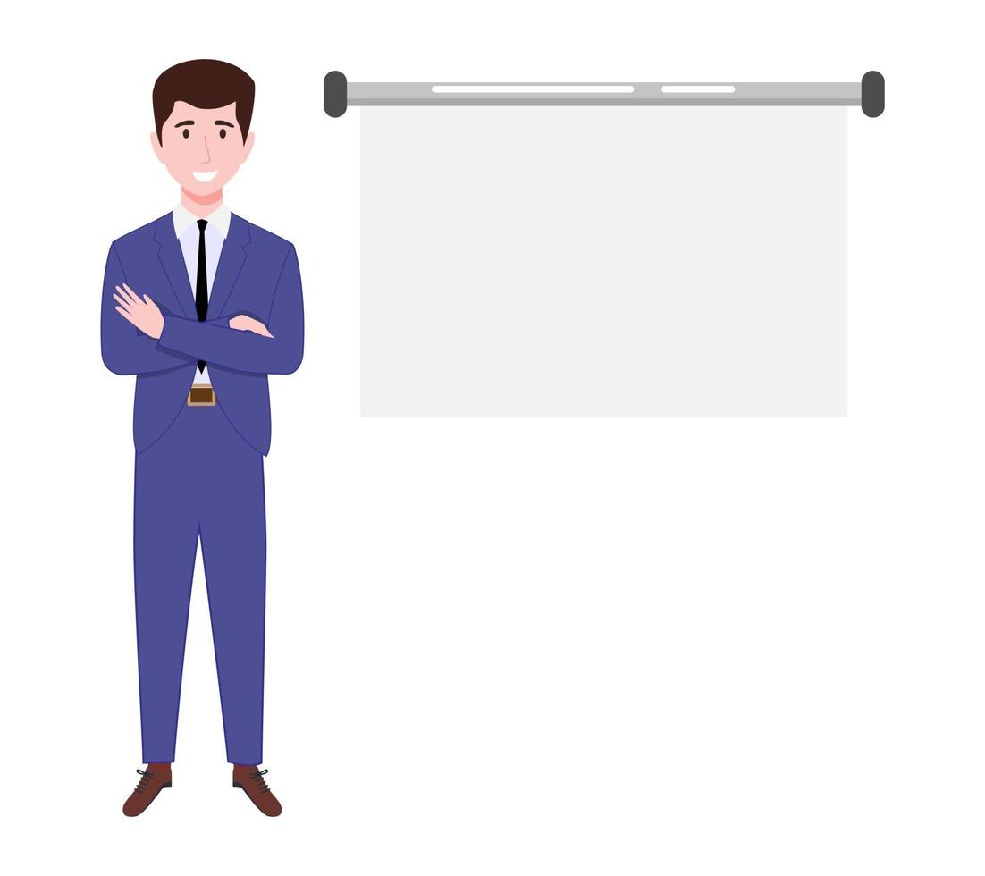 Lindo personaje de joven empresario vistiendo un hermoso traje de negocios de pie con un tablero de presentación en blanco y posando con expresión alegre vector