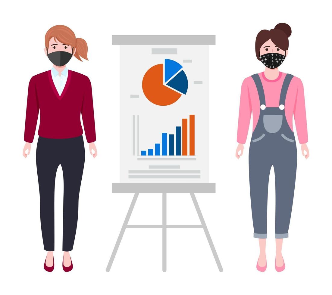 Cute young businesswoman characters wearing beautiful business outfit and facial fabric mask standing with sales presentation board and pointing waving isolated vector