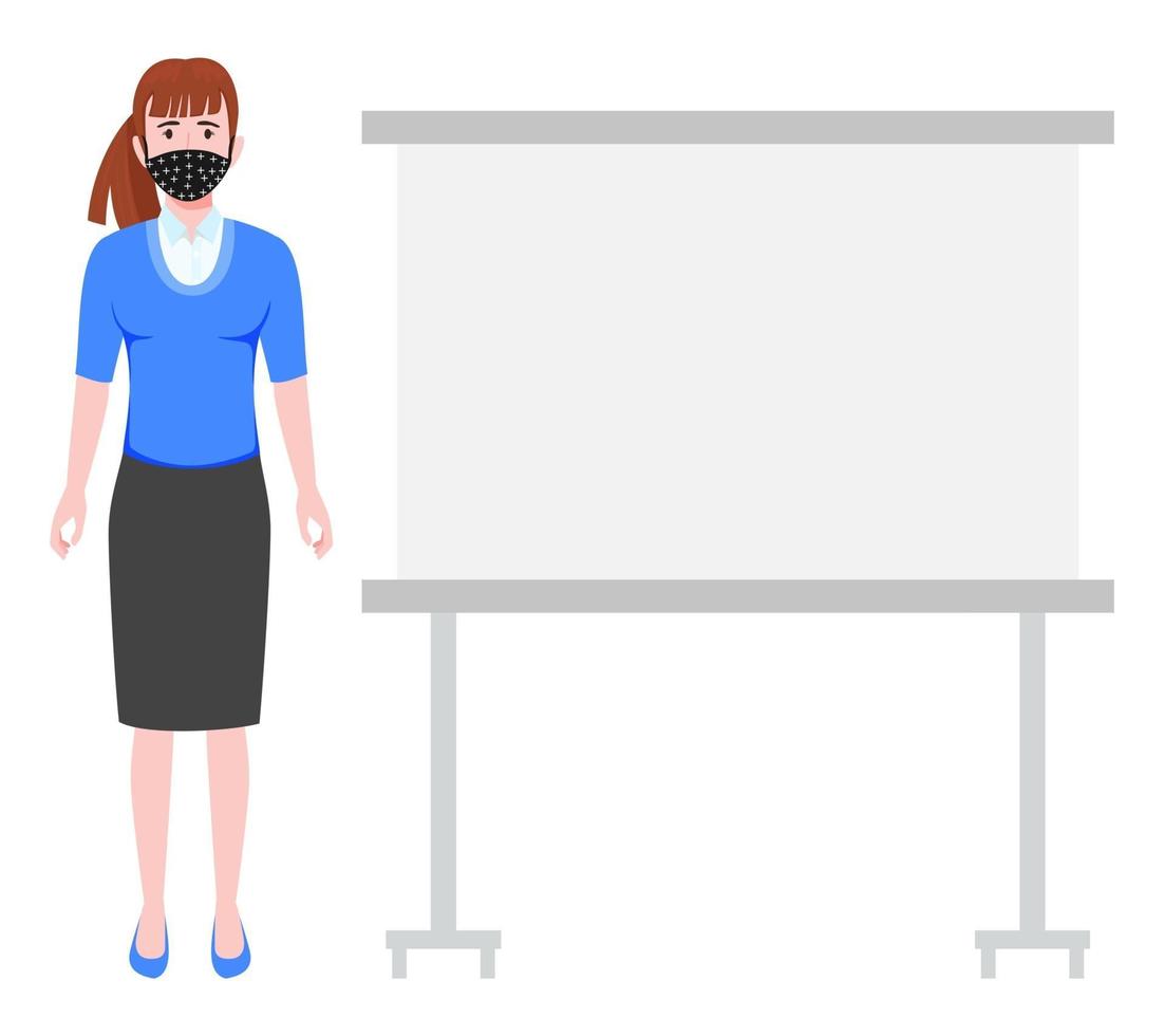 Cute young businesswoman character wearing beautiful business outfit and facial fabric mask standing with blank presentation board and posing waving isolated vector