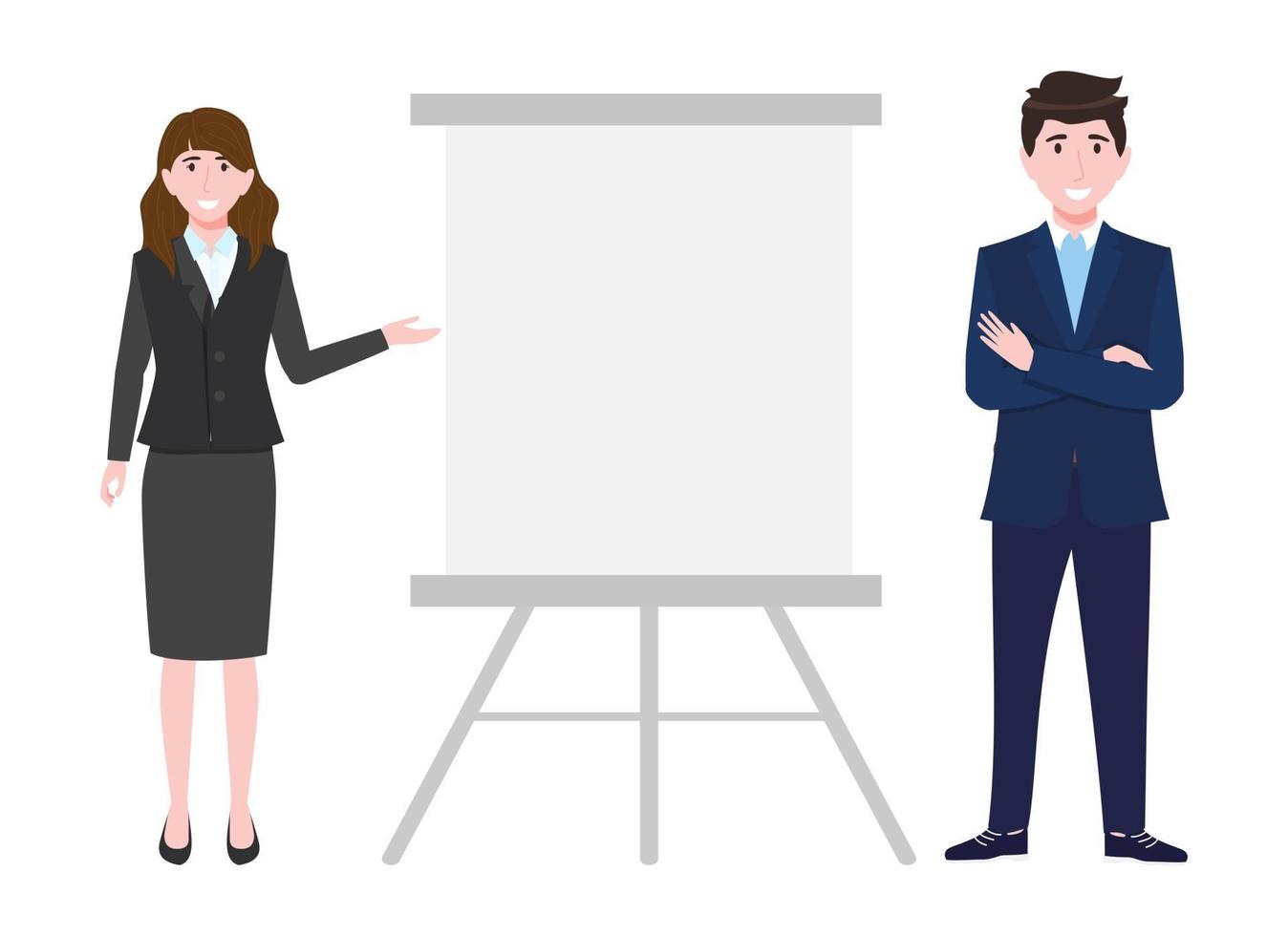 Cute young businessman and businesswoman characters wearing beautiful business outfit standing with blank presentation board and posing pointing vector