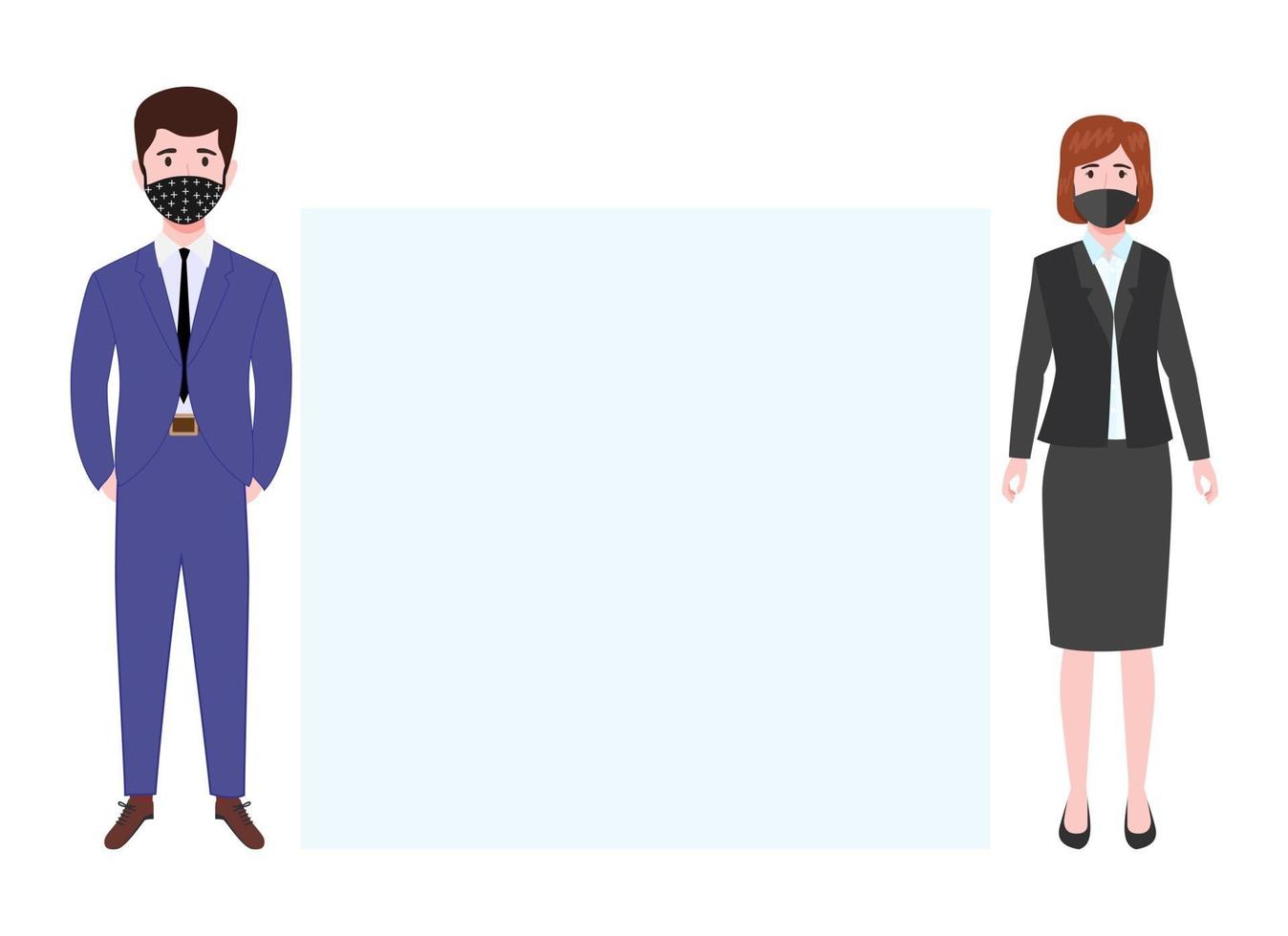 Cute young businessman and businesswoman characters wearing beautiful business outfit and facial fabric mask standing with placard and pointing to vector