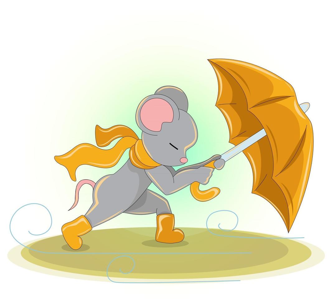 Vector image of a mouse with an umbrella and rubber boots in autumn in bad weather