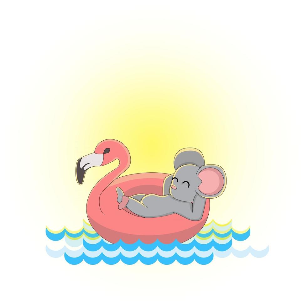 Vector image of a mouse in an inflatable circle in the form of a pink Flamingo on the water