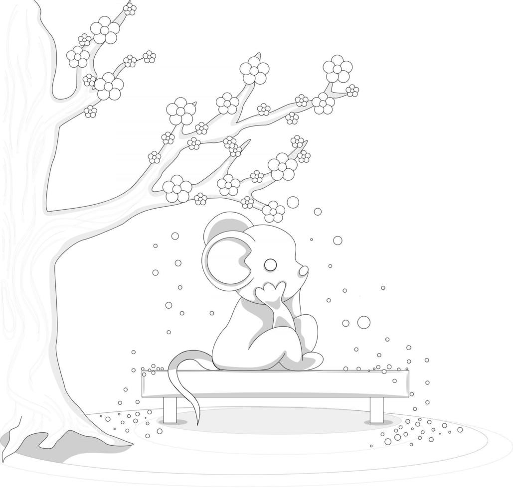 Vector image of a mouse sitting under a flowering tree on a bench