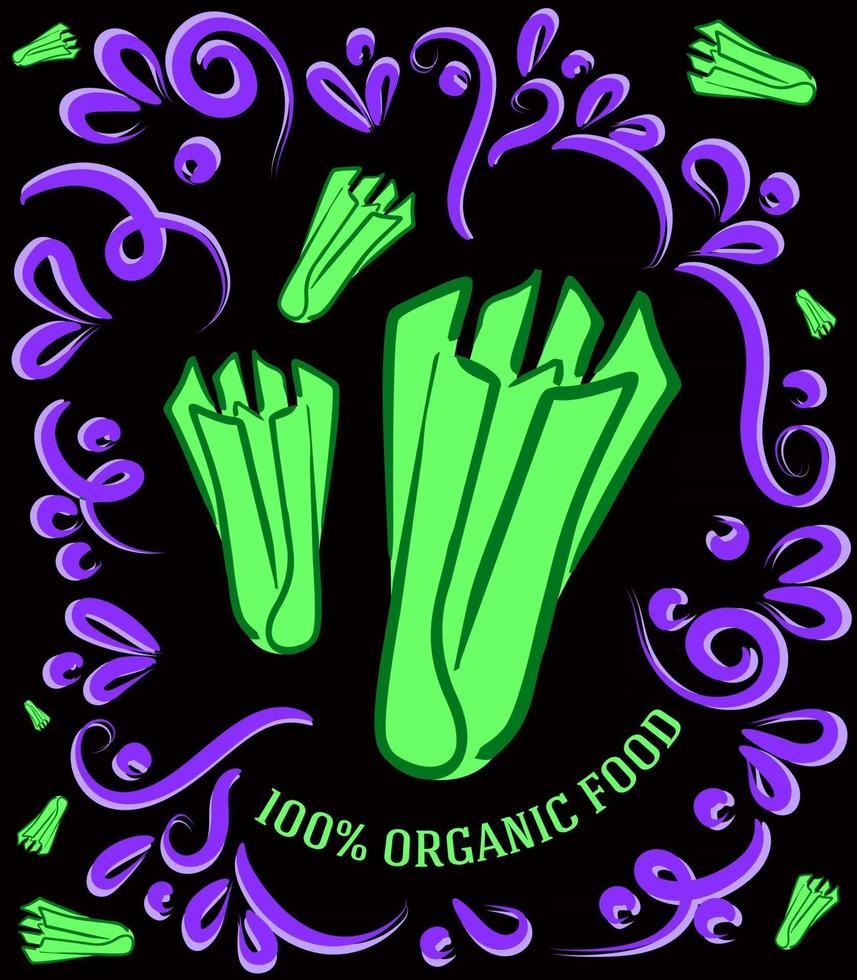 This is a spectacular vintage illustration on a dark background with celery and the inscription 100 percent organic food vector
