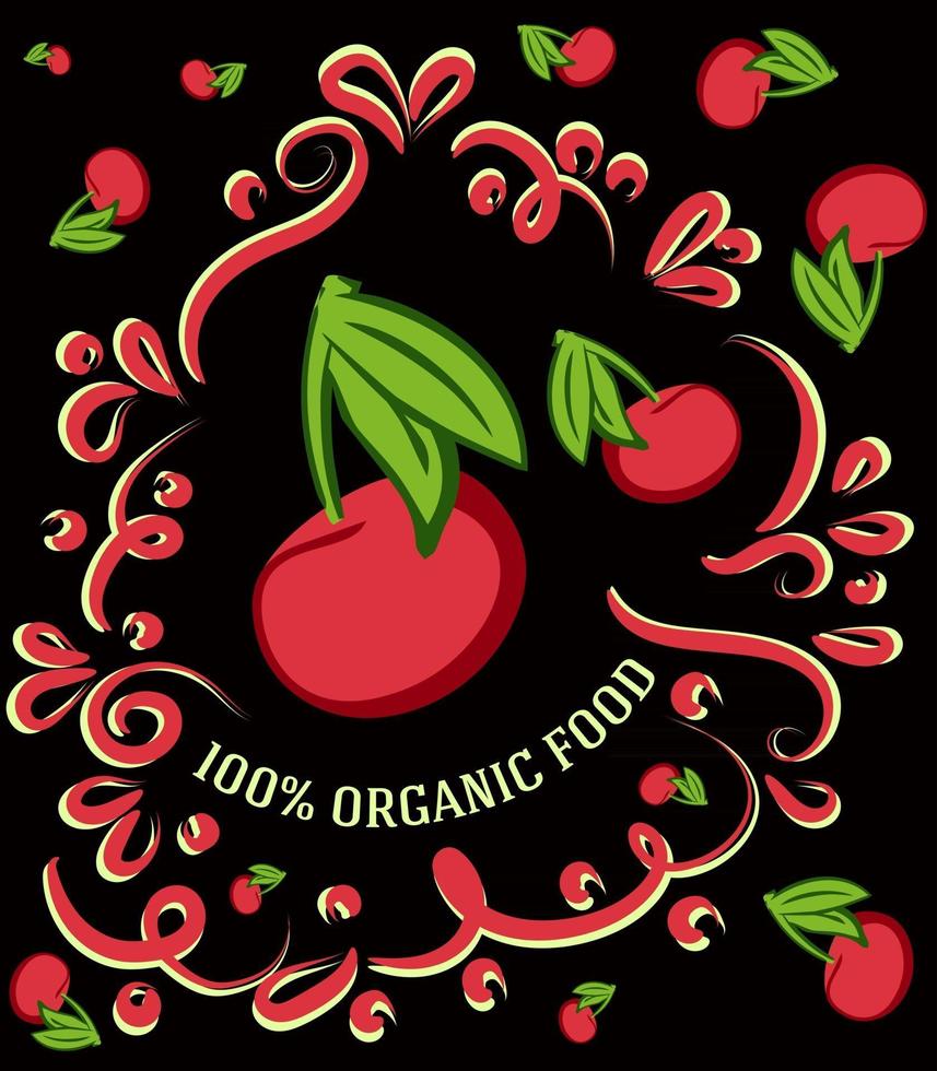 This is a spectacular vintage illustration on a dark background with a cherry tree and the inscription 100 percent organic food vector