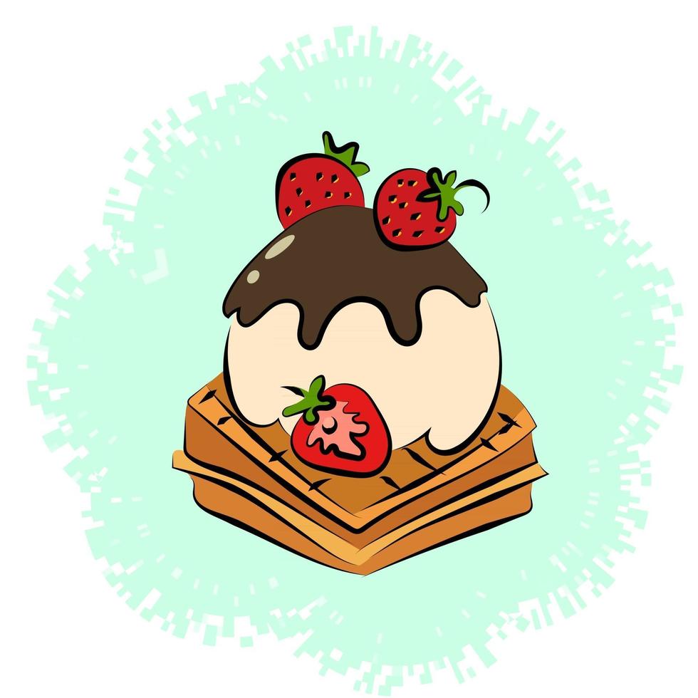 This is a ball of vanilla ice cream drenched in chocolate on waffles with strawberries vector