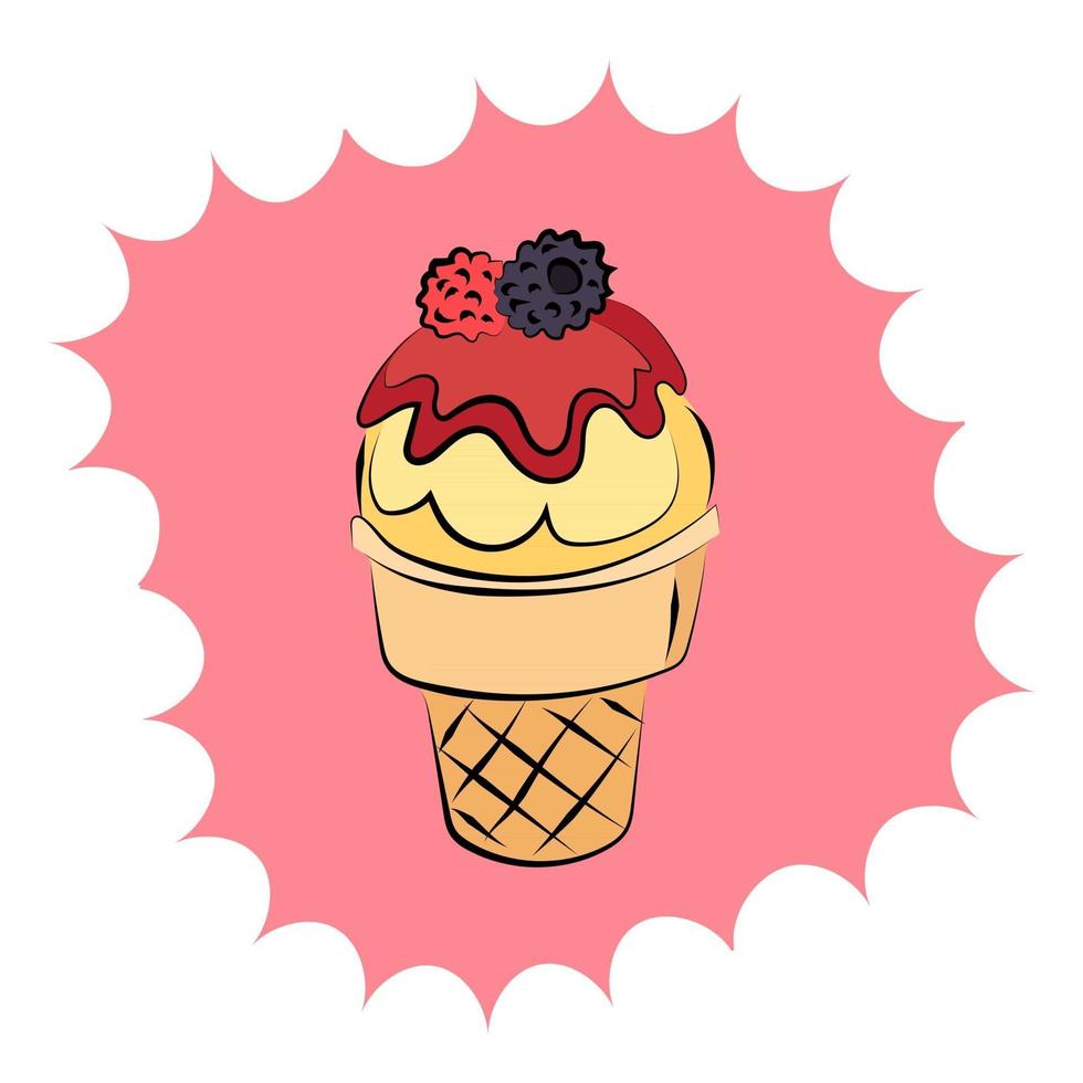 This is a waffle cup with banana ice cream and raspberry jam on top vector