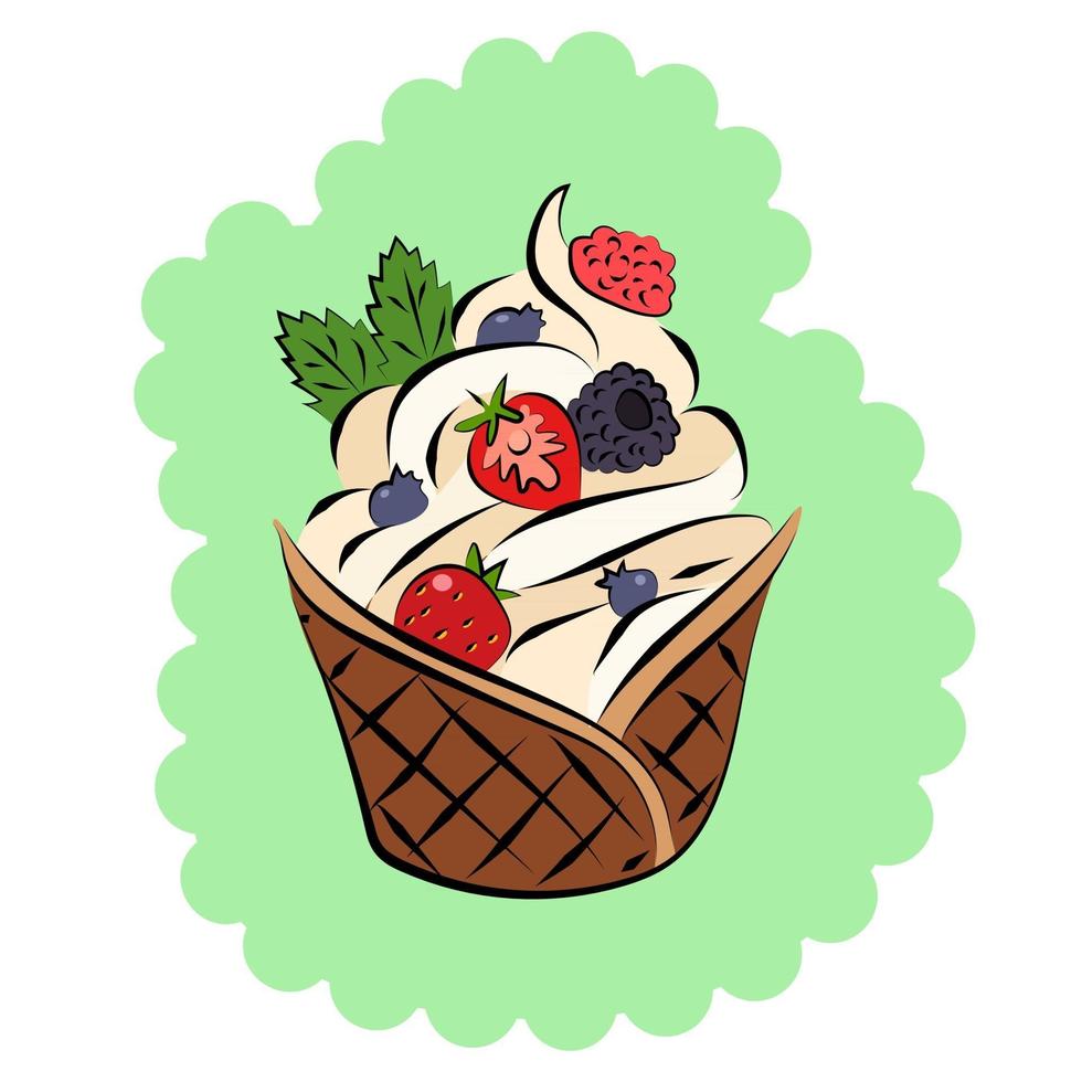 This is a waffle basket with vanilla ice cream and whipped cream and berries with mint leaves on top vector