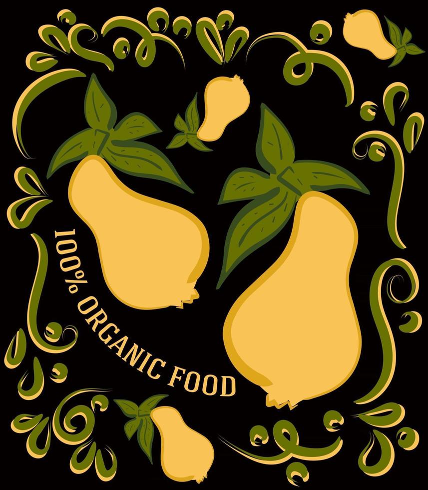 This is a spectacular vintage illustration on a dark background with a pear and the inscription 100 percent organic food vector