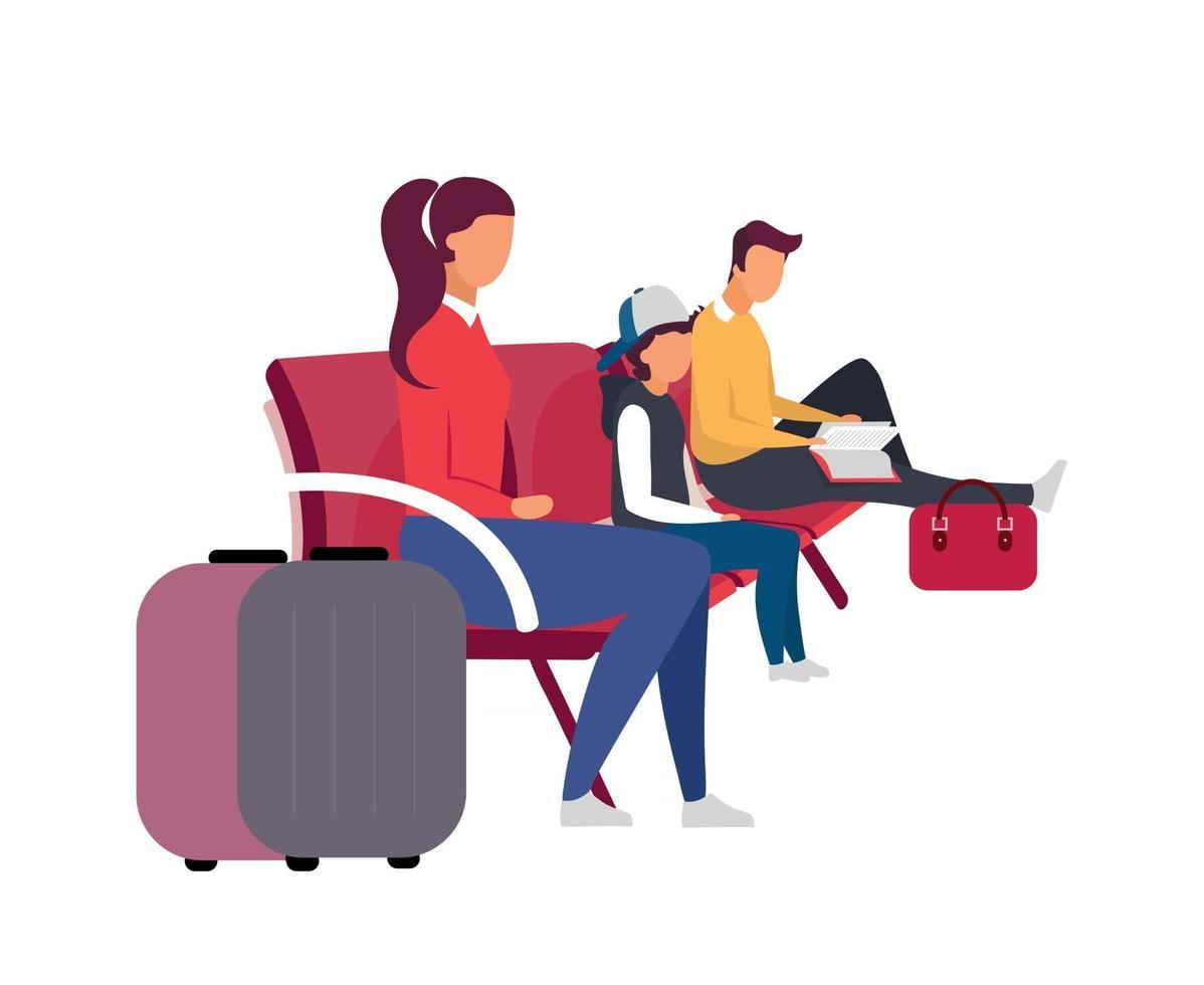 Waiting for flight at airport flat color vector faceless characters
