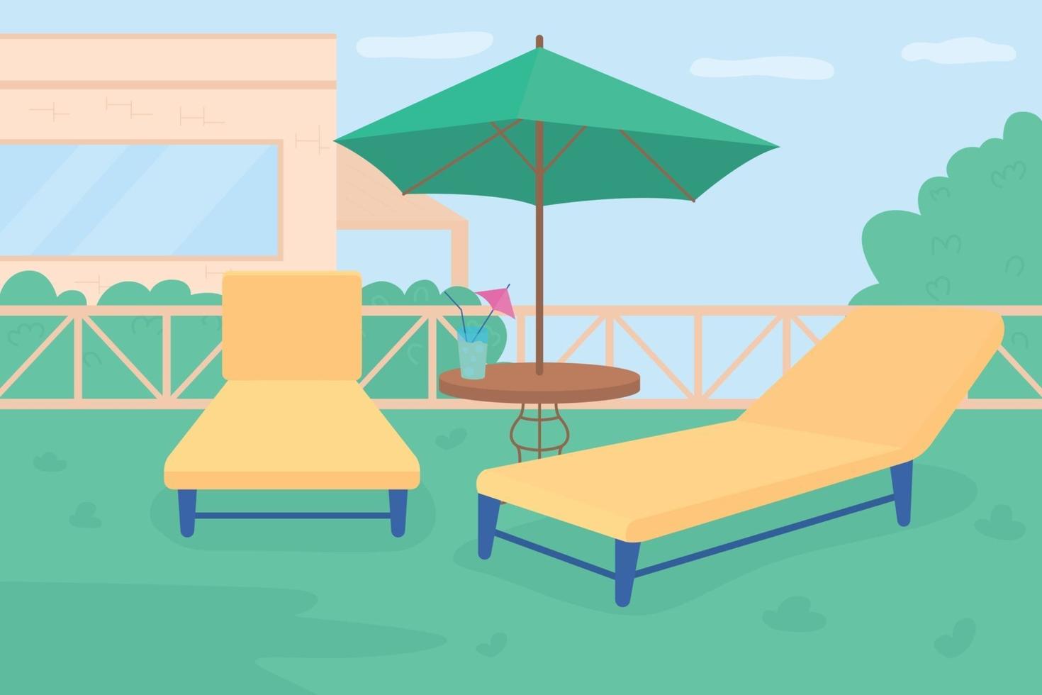 Sunbathing area in own garden flat color vector illustration