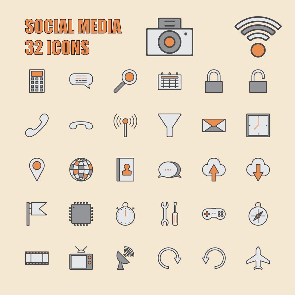 redes sociales vector línea delgada 64x64 píxeles 32 conjunto de iconos