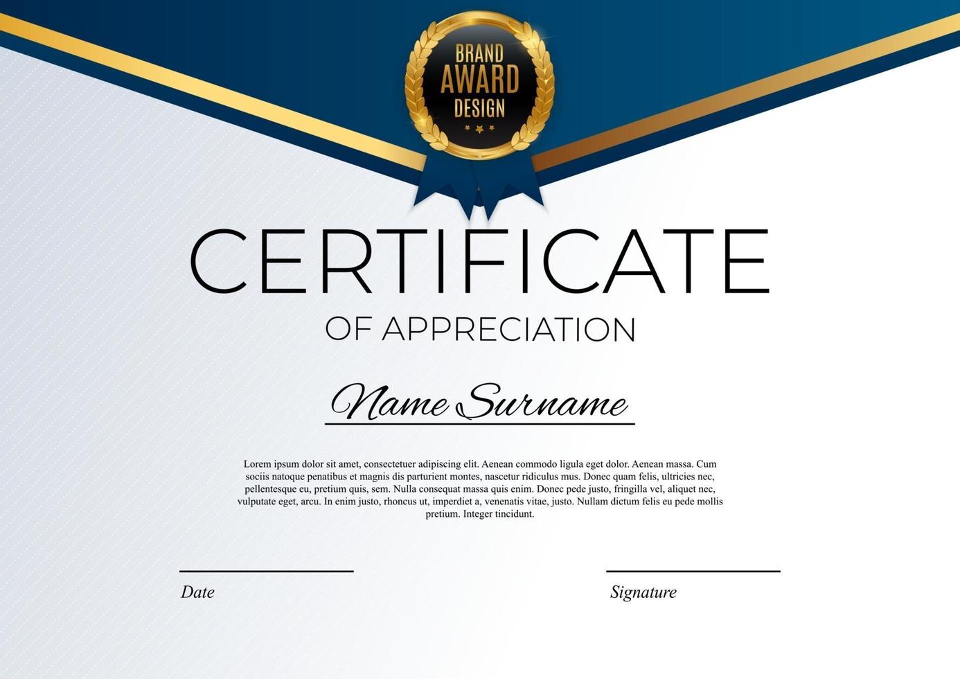 Blue and gold Certificate of achievement template Background with gold badge and border Award diploma design blank vector