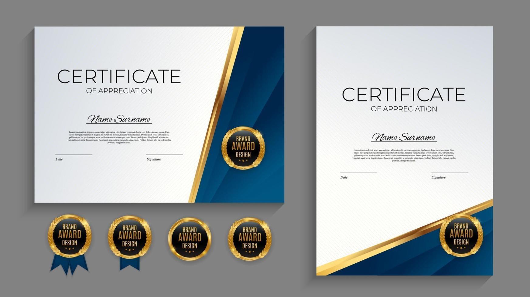 Fondo de plantilla de certificado de logro azul y oro con insignia de oro y diseño de diploma de premio de borde en blanco vector