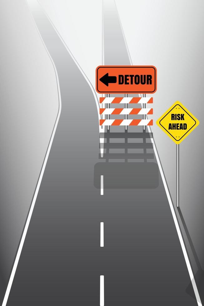 Carretera con señales de desvío y riesgo. vector