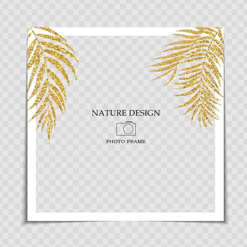 Natural Background Photo Frame Template with Golden Glossy Palm leaves for post in Social Network vector