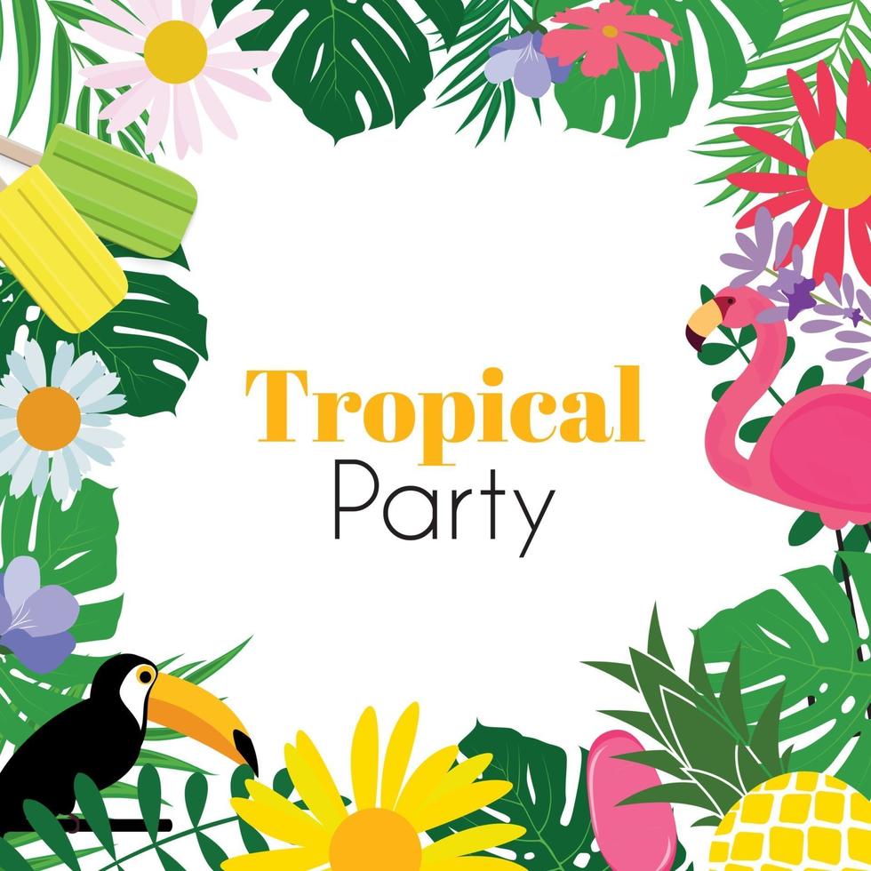Abstract Tropical Party Background with Palm Leaves Flamingo flowers and toucan vector