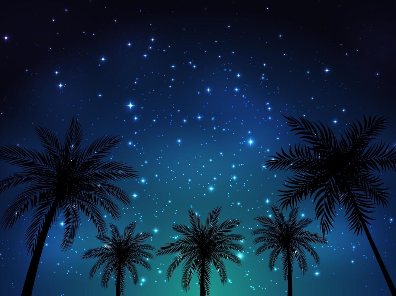 Fondo de cielo estrellado brillante de noche con hojas de palmera vector