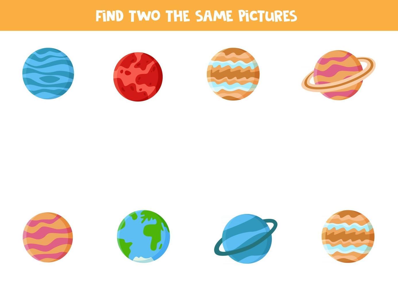 Encuentra dos planetas del sistema solar idénticos, juego educativo para niños en edad preescolar. vector