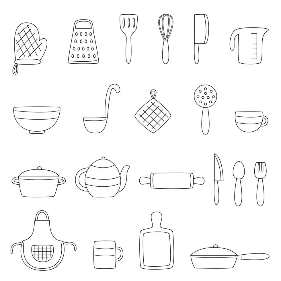 Conjunto de ilustraciones de vectores de utensilios de cocina en blanco y negro