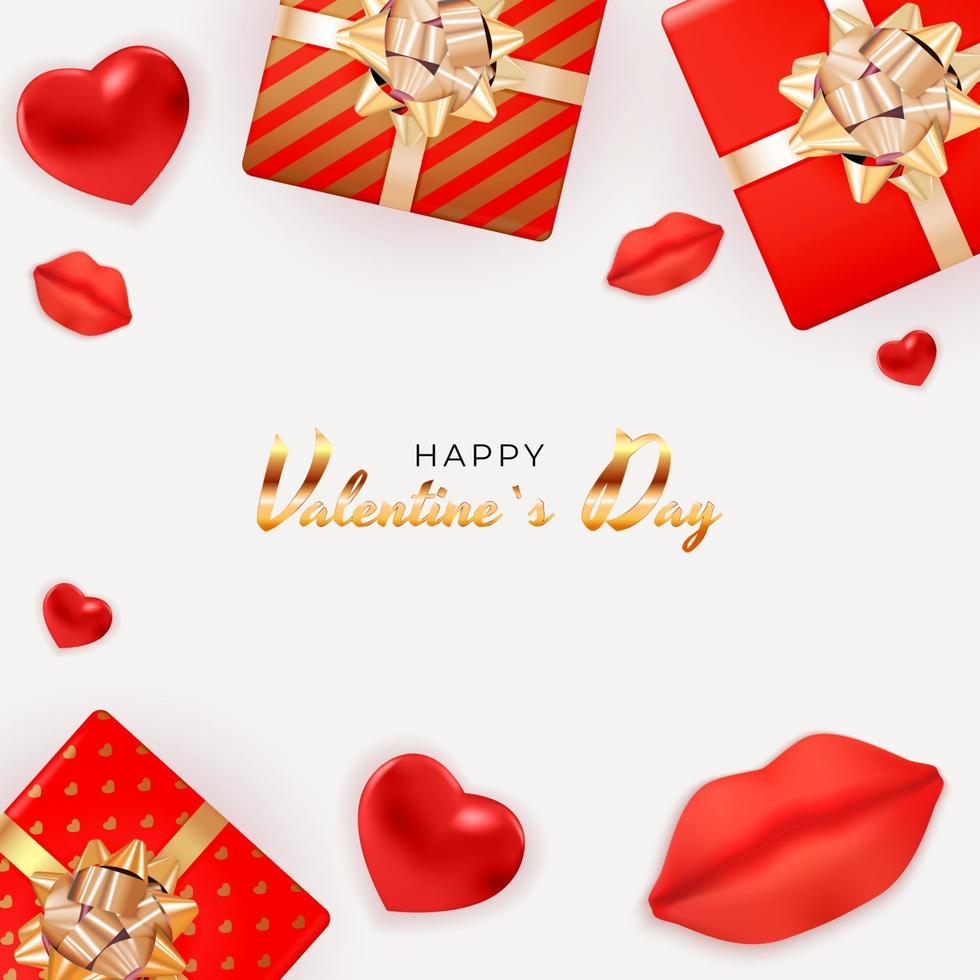 Diseño de fondo del día de San Valentín con labios y corazones realistas para plantilla para publicidad o web o redes sociales y anuncios de moda vector